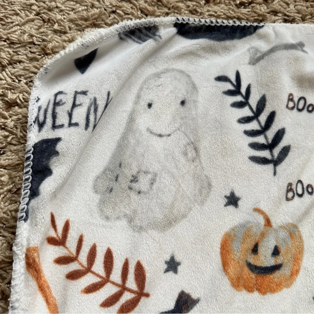 Halloween Lovey Ghost and Pumpkin White Patterned Blanket Baby Blanket Shearling